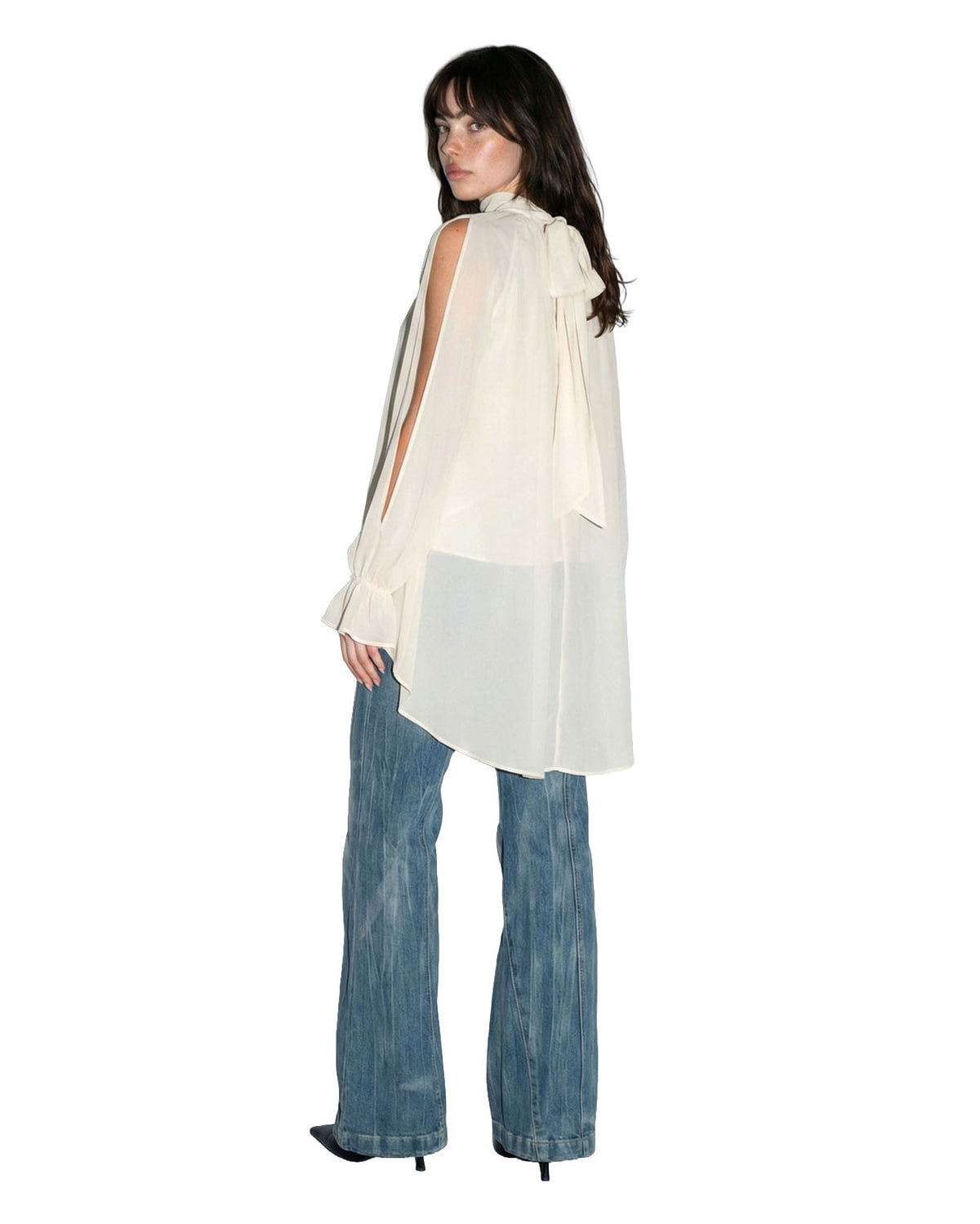 Women's Chiffon Cold-Shoulder High-Low Blouse - 13655Srl-Cream