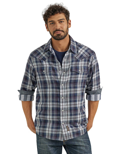 Men's Retro Premium Long Sleeve Snap Shirt by Wrangler from Skip’s Western Outfitters | WRA-112352876-S-BLUE