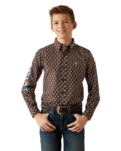 Boys' Team Oak Classic Fit Shirt by Ariat from Skip’s Western Outfitters | ARI-10054069-XS-BROWN/LIGHT-BLUE
