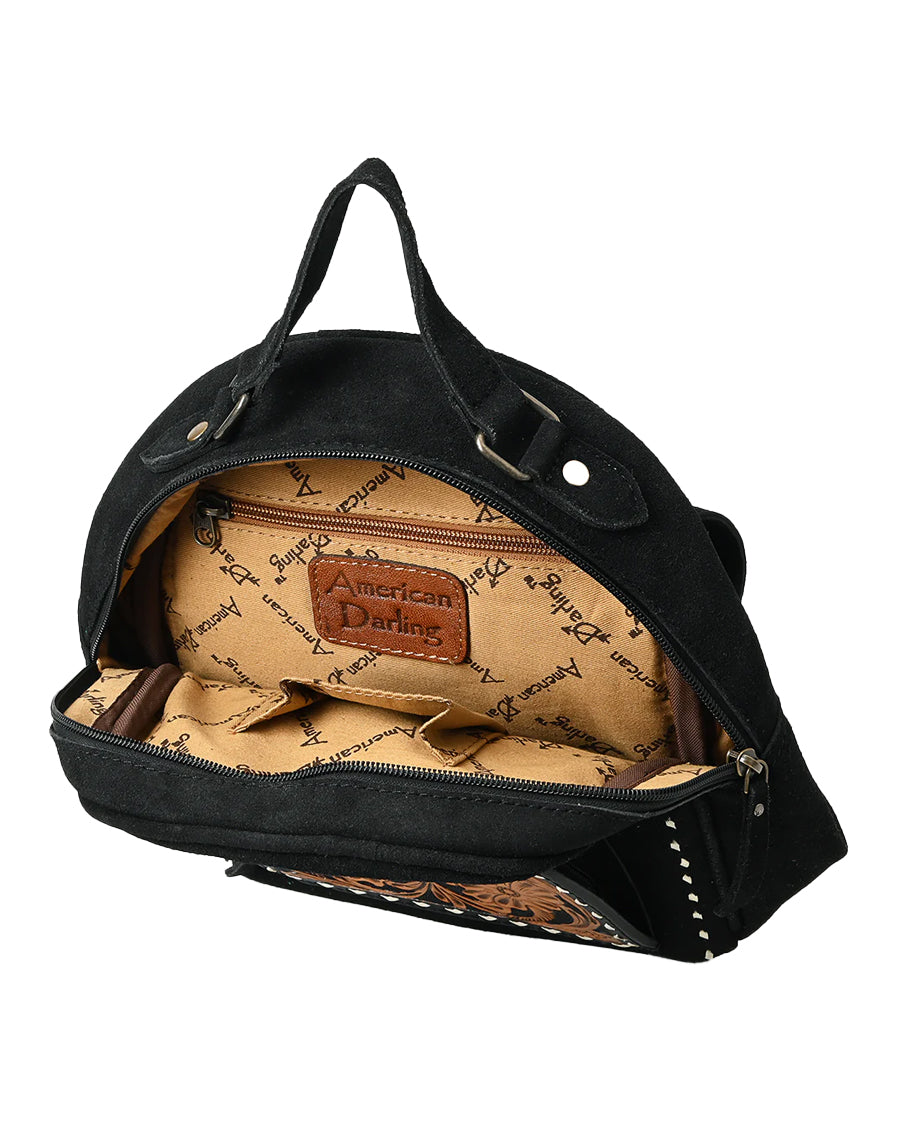 american west leather backpack Darling Hand Tooled Floral Carved Genuine and american west signature 100% cotton lining with 1 interior zipper pocket Retro Romance Backpack - Black