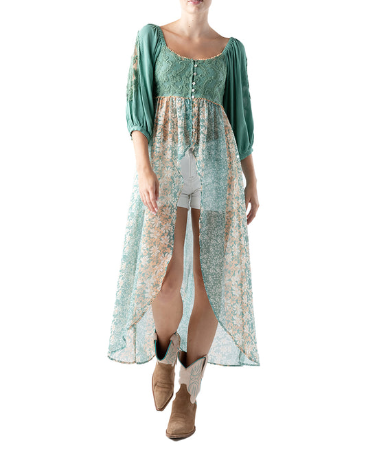 Women's Floral High-Lo Top by Miss Me from Skip’s Western Outfitters | MMJ-MT2562L-S-Green