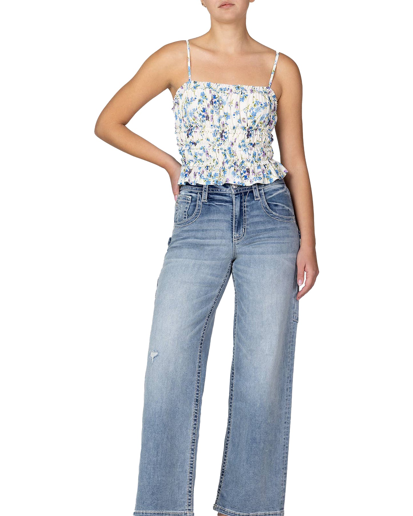 Women's Ruffle Trim Crop Top by Miss Me from Skip’s Western Outfitters | MMJ-MT3151T-S-MULTI-BLU