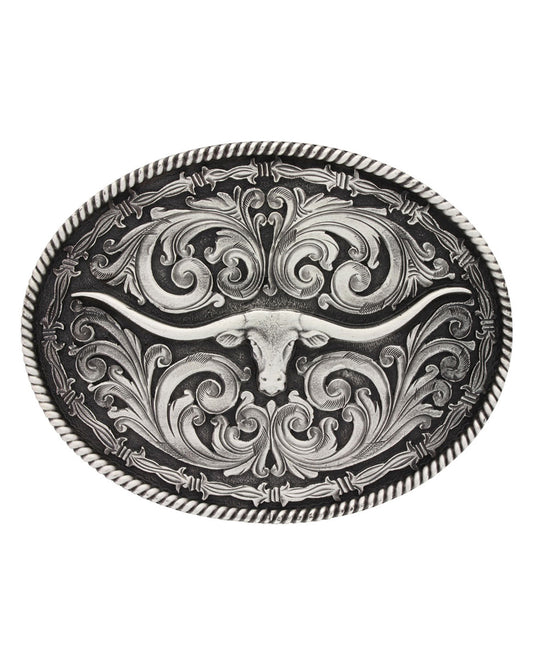 Rope And Barbed Wire Longhorn Classic Impressions Attitude Buckle by Montana Silversmiths from Skip’s Western Outfitters | MON-a550s-O/S