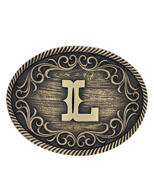 Filigree Initial "L" Belt Buckle by Montana Silversmiths from Skip’s Western Outfitters | MON-A915L-O/S-Gold/Silver