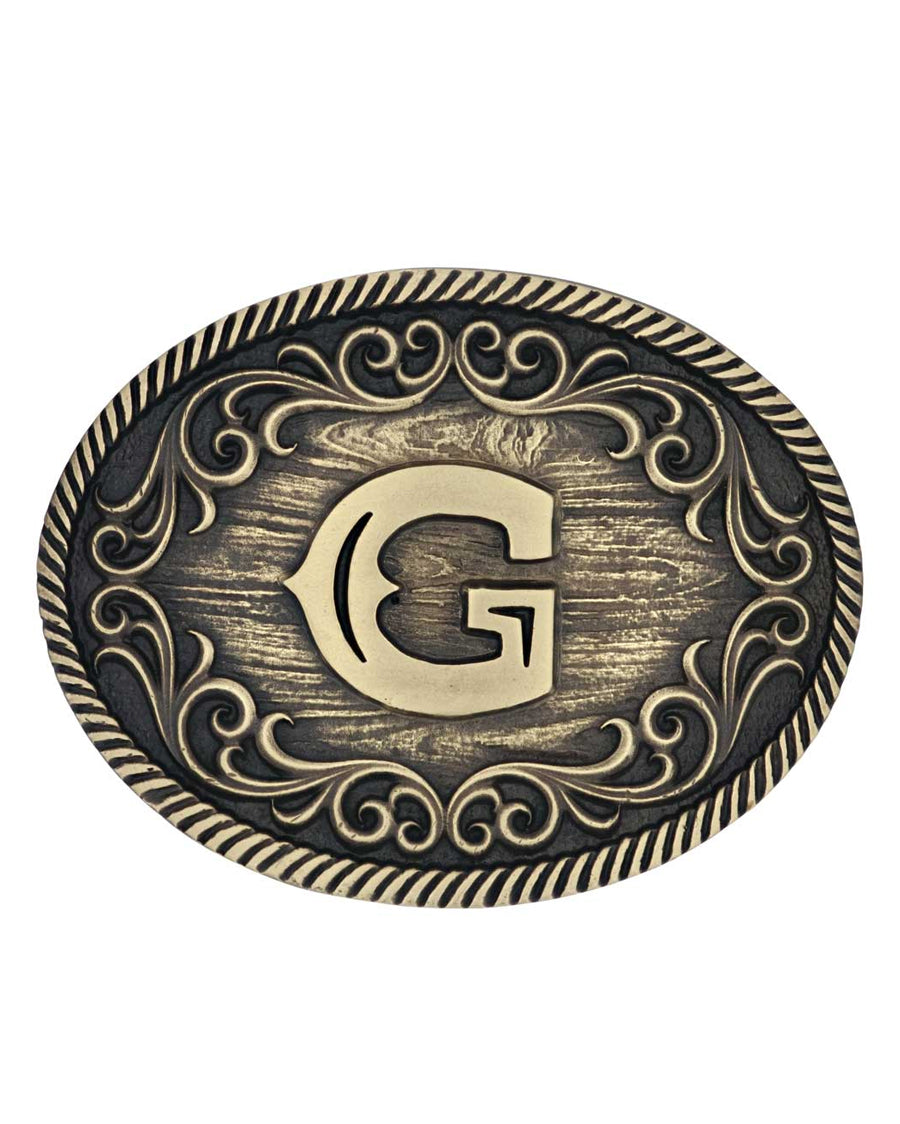 Filigree Initial "G" Belt Buckle by Montana Silversmiths from Skip’s Western Outfitters | MON-A915G-O/S-Silver/Gold