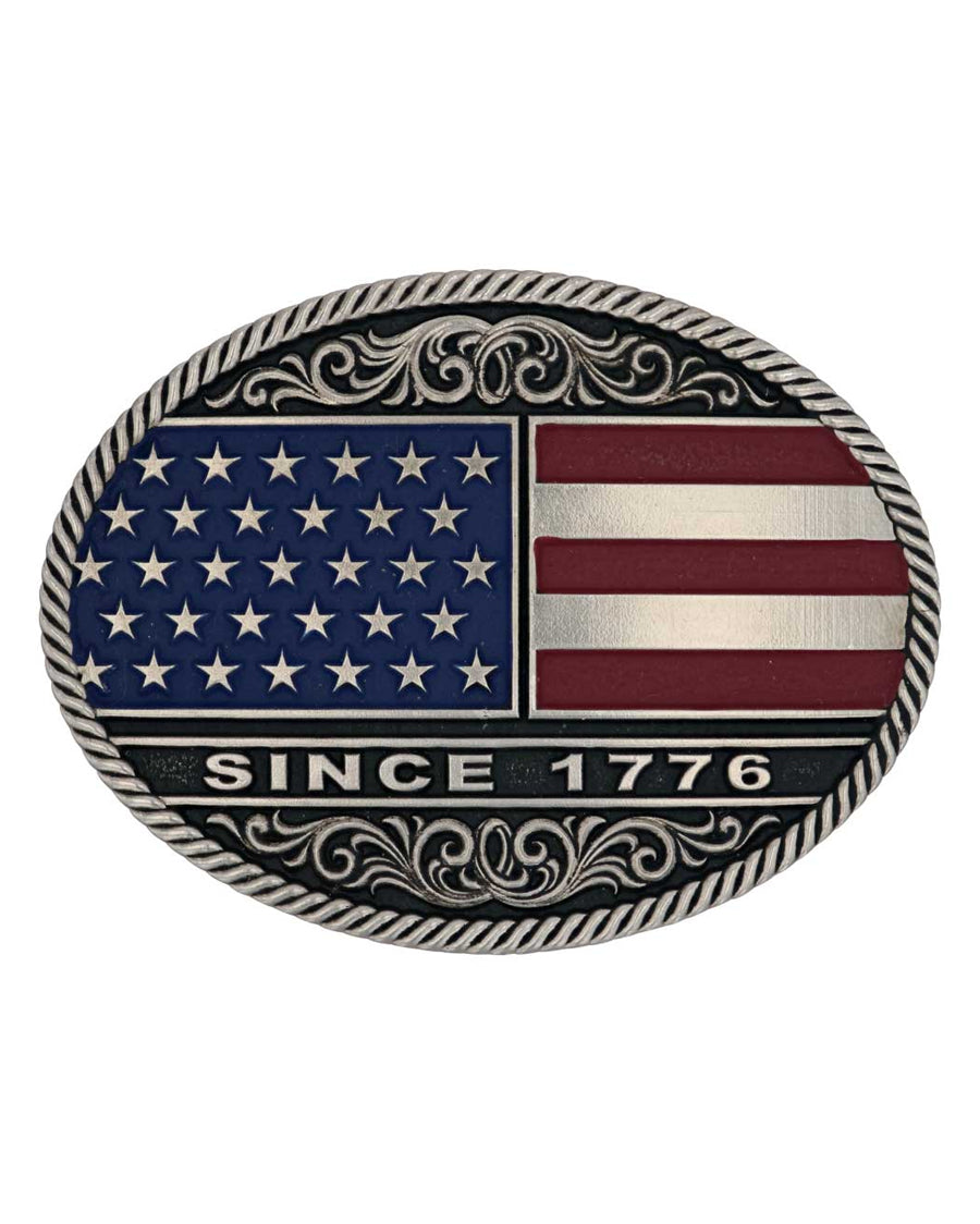 Trimmed Circular American Flag Attitude Belt Buckle by Montana Silversmiths from Skip’s Western Outfitters | MON-A867-O/S-Silver