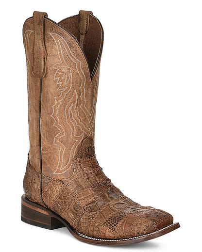 Corral L5949 Men's Handcrafted Wide Square Toe Exotic Caiman Skin Cowboy Boots in Brown at Skip's Western Outfitters