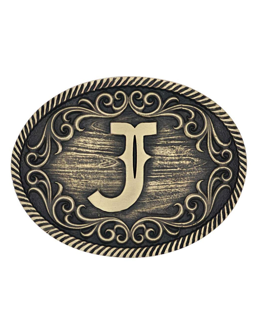 Filigree Initial "J" Belt Buckle by Montana Silversmiths from Skip’s Western Outfitters | MON-A915J-O/S-Gold/Silver