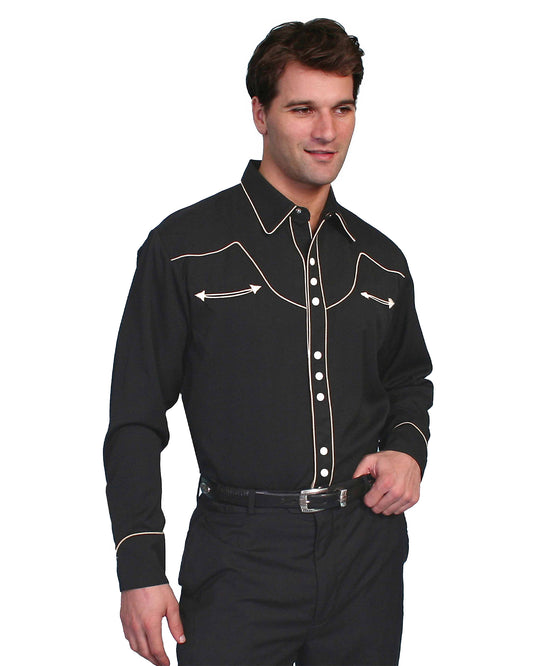 Men's Solid Shirt with Contrast Piping by Scully from Skip’s Western Outfitters | SCU-P-620-BCR-S-BLACKCREAM