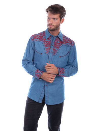 Floral Tooled Embroidery Shirt by Scully from Skip’s Western Outfitters | SCU-P-634-BCN-XS-BLUE-CRANBERRY