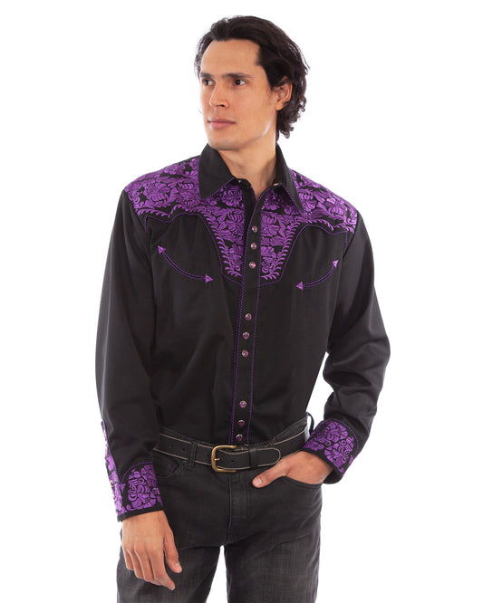 Men's Floral Tooled Western Shirt by Scully from Skip’s Western Outfitters | SCU-P-634-PUR-XS-PURPLE