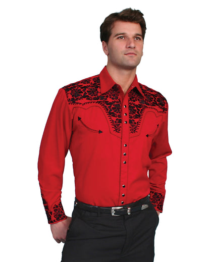 Floral Tooled Embroidery Shirt by Scully from Skip’s Western Outfitters | SCU-P-634-RED-XS-RED