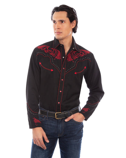 Men's Embroidered Stylized Scrolling Western Shirt by Scully from Skip’s Western Outfitters | SCU-P-876-BLK-S-BLACK
