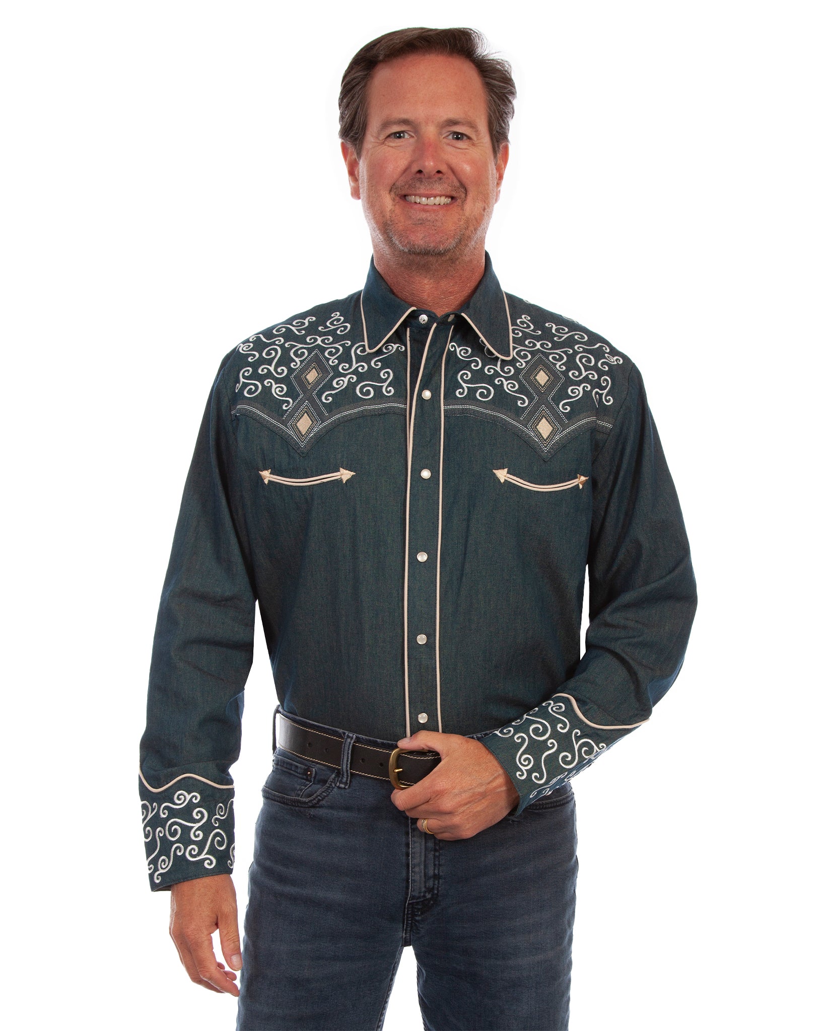 Men's Diamond & Scroll Embroidered Shirt by Scully from Skip’s Western Outfitters | SCU-P-901-DEN-S-DENIM