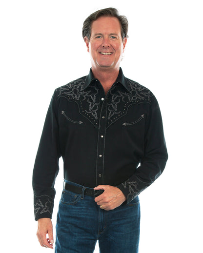 Men's Longhorn Embroidery Shirt by Scully from Skip’s Western Outfitters | SCU-P-912-BLK-S-BLK