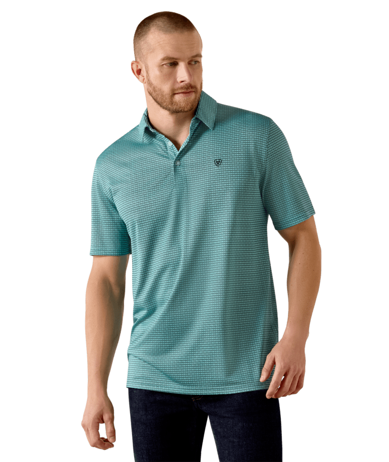 Men's All Over Print Polo - 10071492 by Ariat from Skip’s Western Outfitters | ARI-10071492-SML-ANGEL-BLUE-MOD-GEO-PRINT