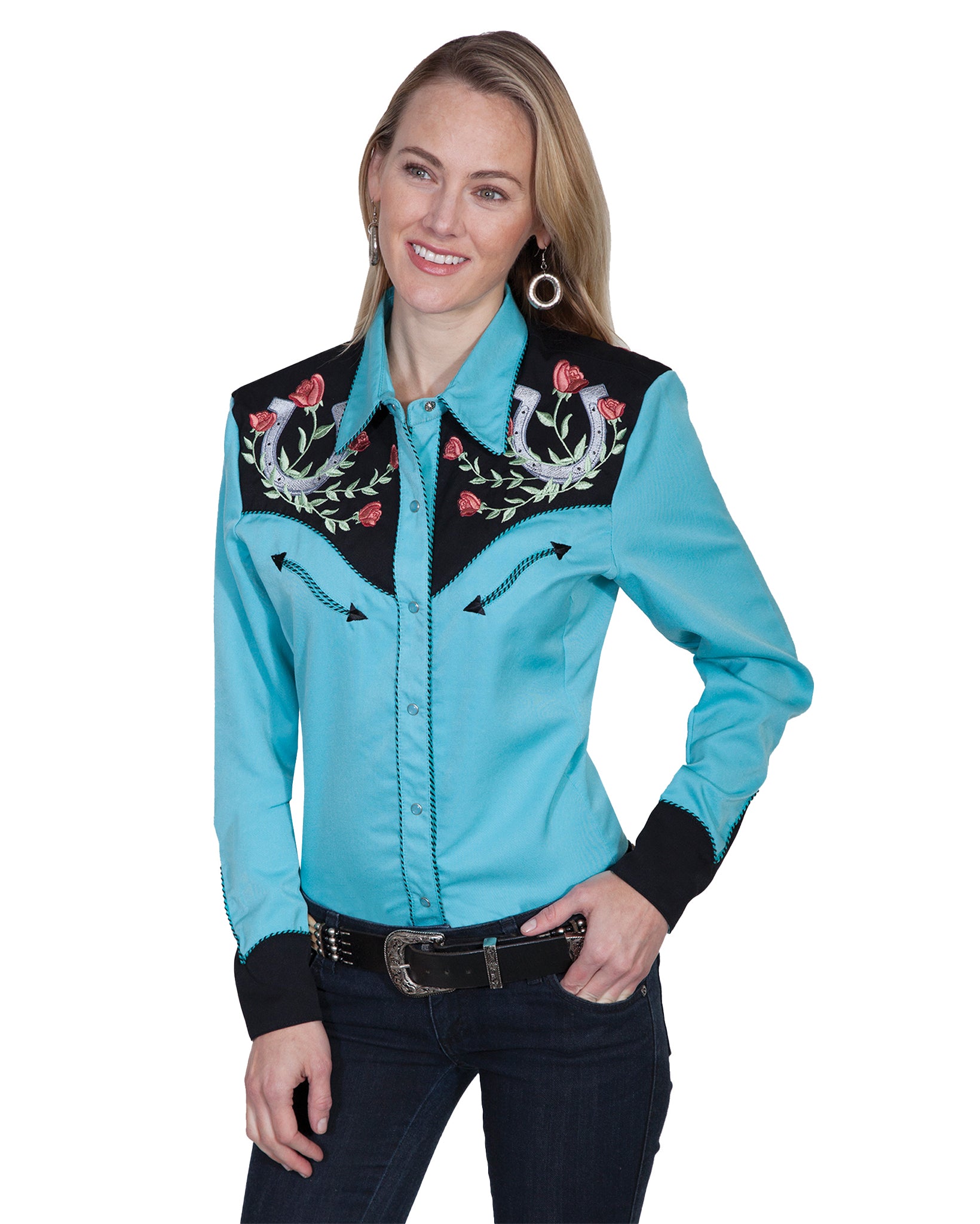 Women's Horse Shoe Embroidered Blouse by Scully from Skip’s Western Outfitters | SCU-PL-637-TUR-XS-TURQUOISE