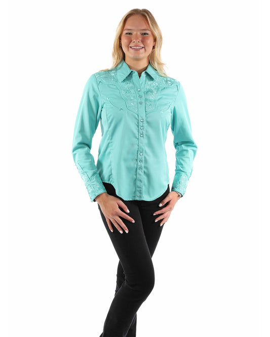 Women's Floral Embroidered Western Shirt by Scully from Skip’s Western Outfitters | SCU-PL-654-CRB-XS-CARIBBEAN