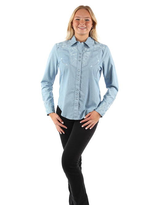 Women's Floral Tooled Embroidered Western Shirt by Scully from Skip’s Western Outfitters | SCU-PL-654-LBL-XS-LIGHT-BLUE