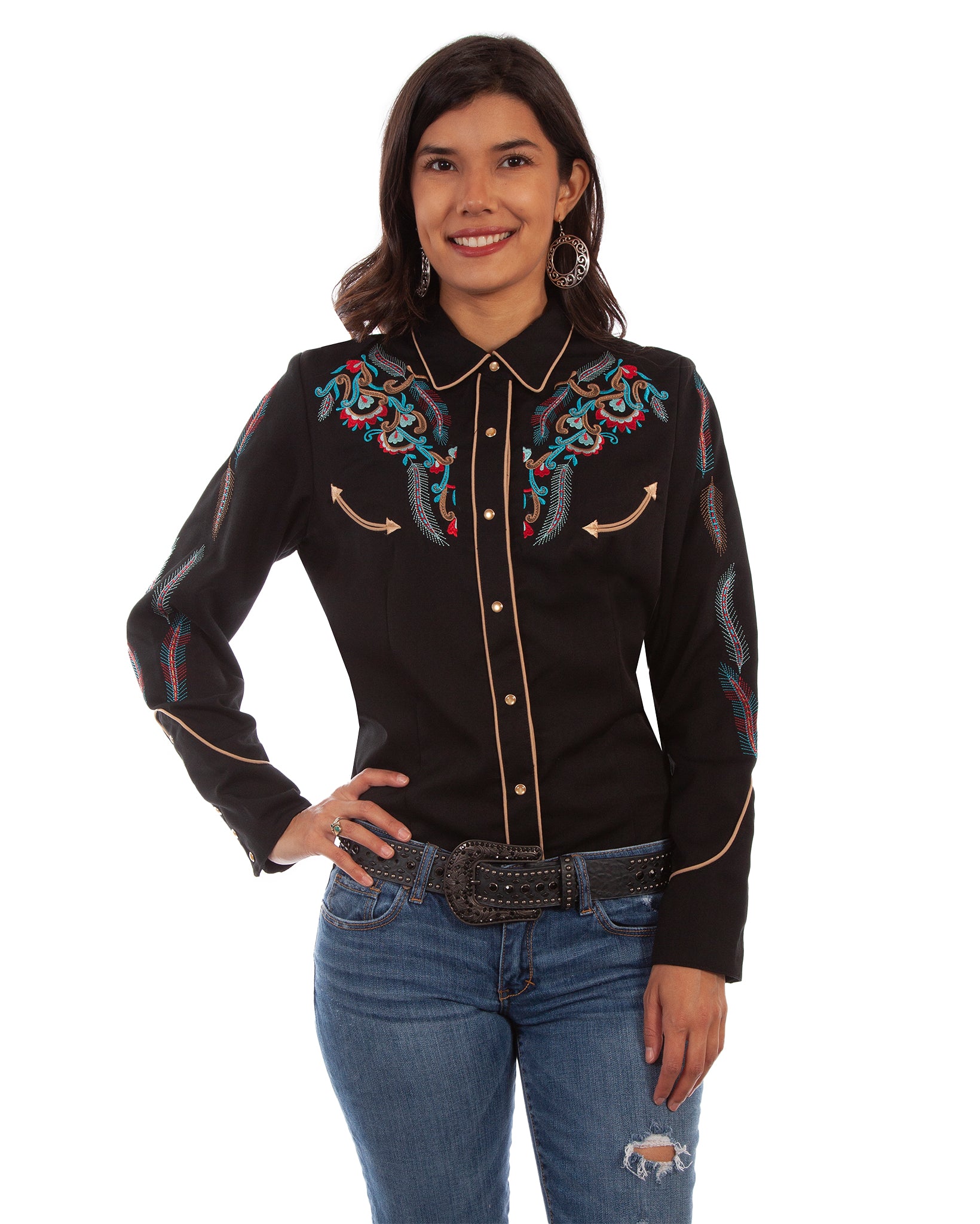 Women's Floral & Feather Embroidered Blouse by Scully from Skip’s Western Outfitters | SCU-PL-878-BLK-XS-BLACK