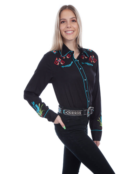 Women's Kaktus Embroidered Blouse by Scully from Skip’s Western Outfitters | SCU-PL-891-BLK-XS-BLK
