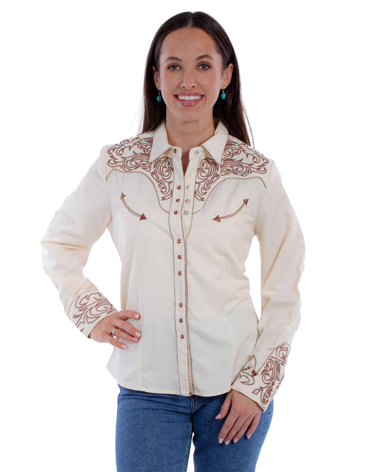 Women's Pick Stitch Yokes Western Shirt by Scully from Skip’s Western Outfitters | SCU-PL-912-CRM-XS