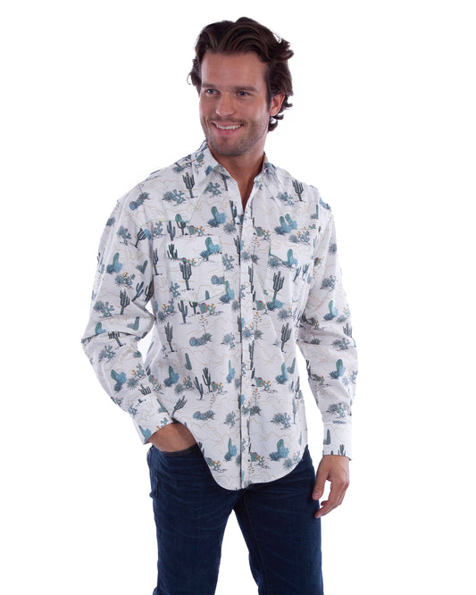 Cactus Print Shirt - Ps-357-Wht by Scully from Skip’s Western Outfitters | SCU-PS-357-WHT-S-WHITE