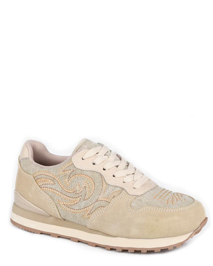Women's Creme Cow Suede And Western Stitch Giddy Up Casual Shoes - 09-021-1797-3762 Ta by Roper from Skip’s Western Outfitters | KAR-09-021-1797-3762 TA-060-M