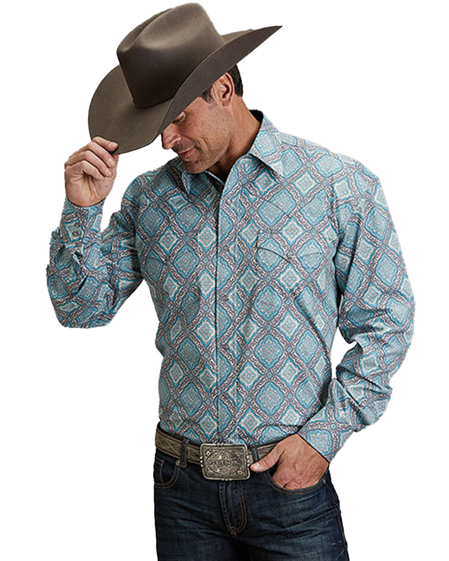 Men's Turquoise Medallion Long Sleeve Western Shirt by Stetson from Skip’s Western Outfitters | KAR-11-001-0425-2057-BU-S-BLUE