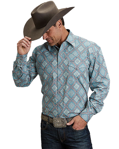 Men's Turquoise Medallion Long Sleeve Western Shirt by Stetson from Skip’s Western Outfitters | KAR-11-001-0425-2057-BU-S-BLUE