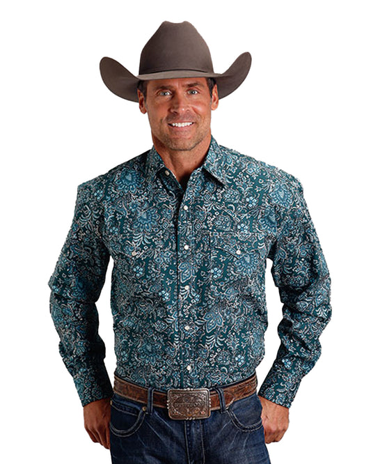 Men's Forest Paisley Print On Cotton Poplin Western Shirt - 11-001-0425-6001 Gr by Stetson from Skip’s Western Outfitters | KAR-11-001-0425-6001-GR-S-GREEN