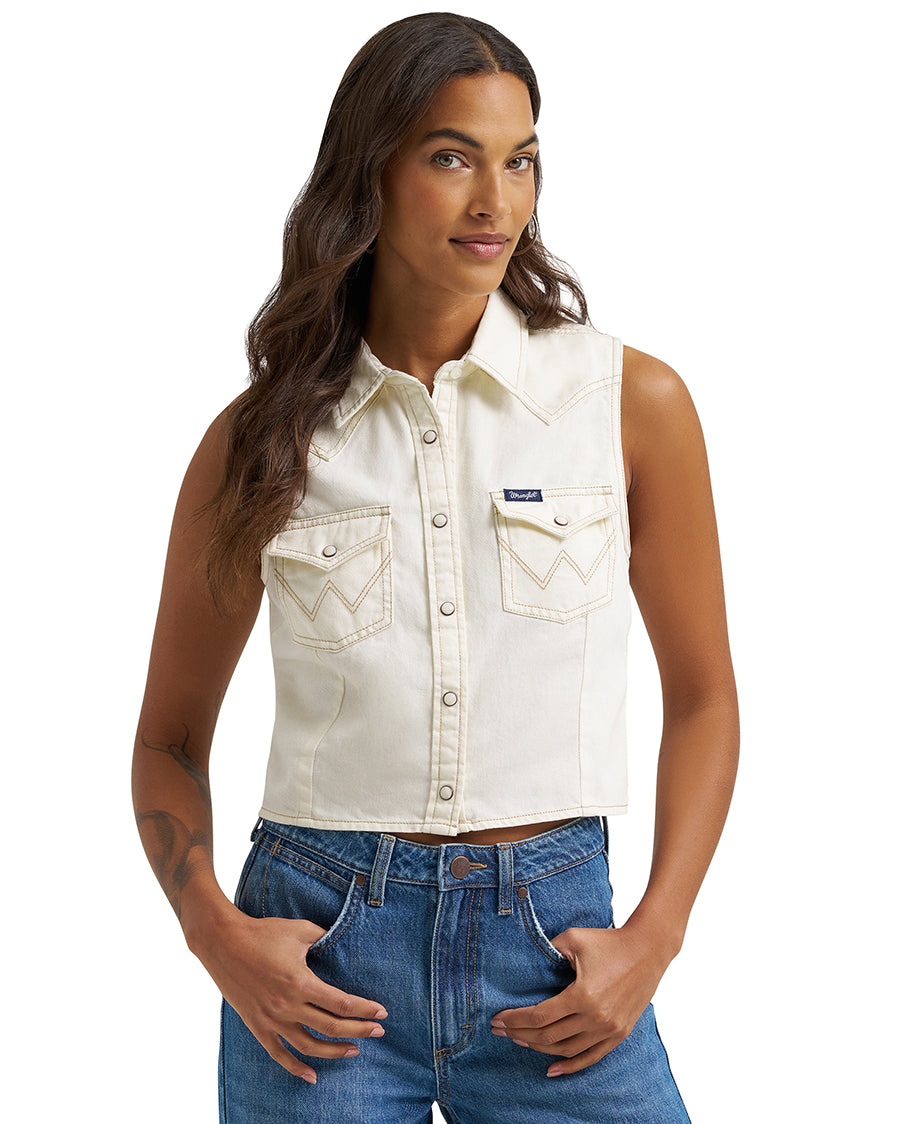 Women's Retro® Punchy Sleeveless Denim Snap Shirt - 112379493 by Wrangler from Skip’s Western Outfitters | WRA-112379493-L-REG