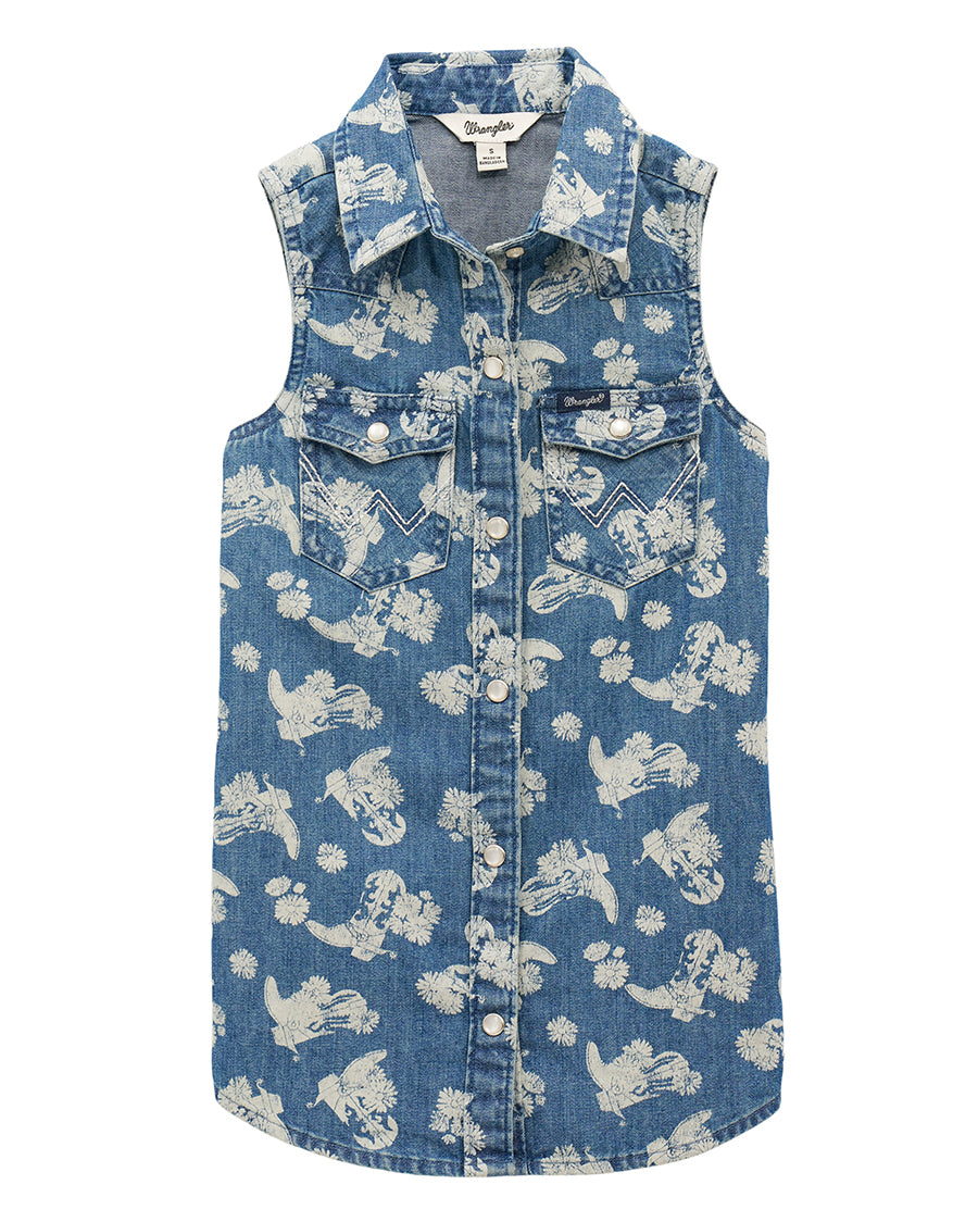 Girls' Sleeveless Denim Snap Shirt - 112379386
