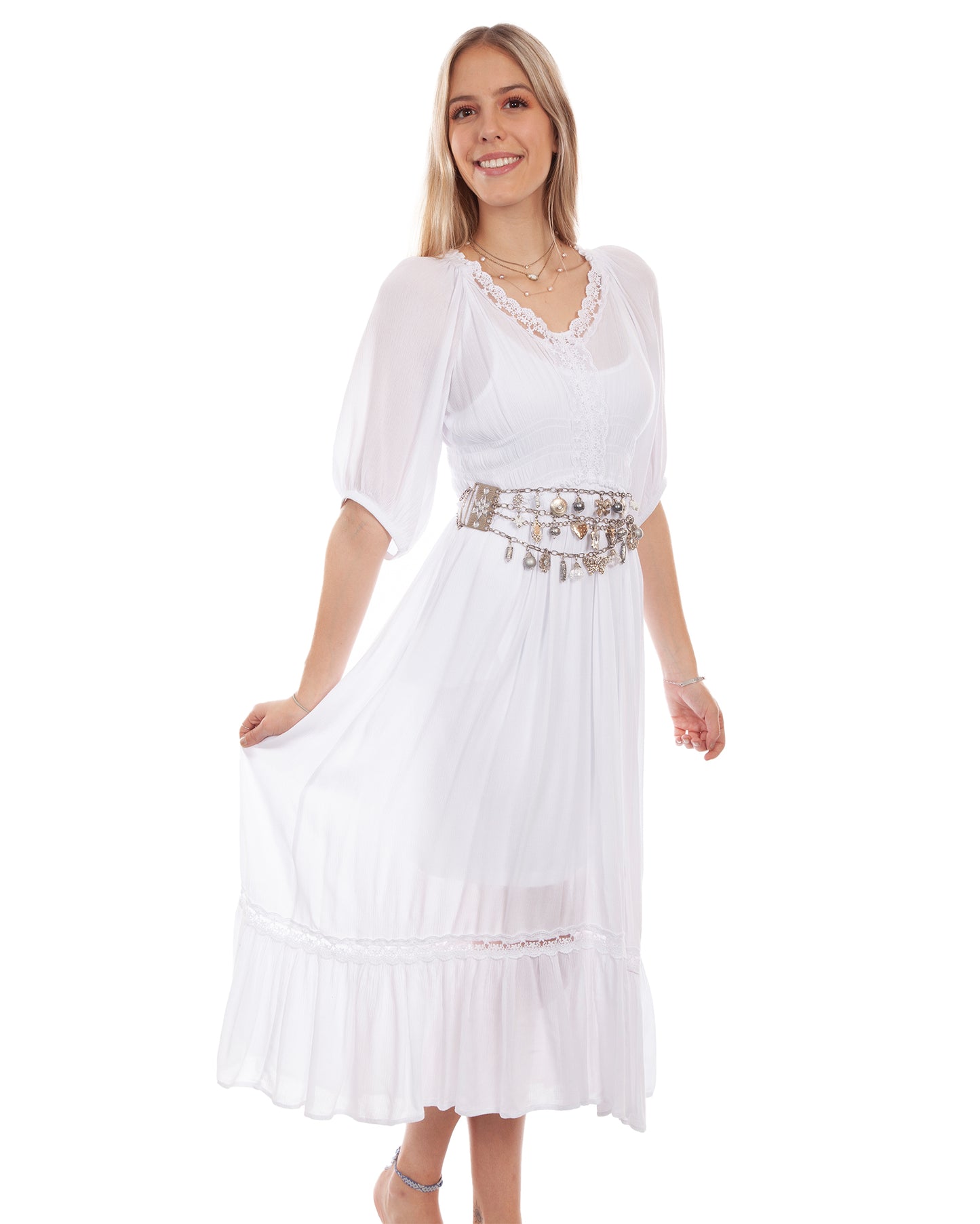 Psl-253 - 3/4 Slv Lace Trim Maxi Dress by Scully from Skip’s Western Outfitters | SCU-PSL-253-WHT-XS-WHT