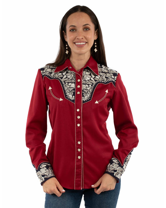 Women's Floral Tooled Western Shirt by Scully from Skip’s Western Outfitters | SCU-PL-654-RWB-XS-RED-WHITE-&-BLUE