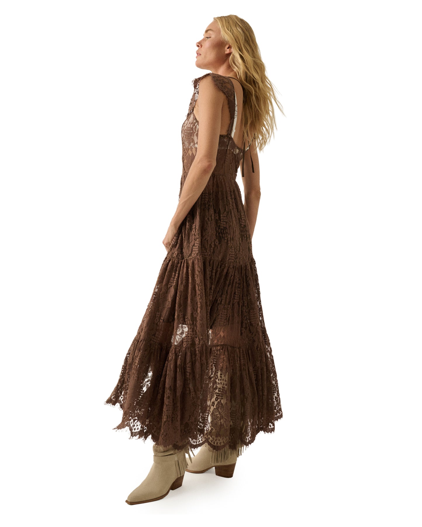Women's Sheer Floral Lace Button-Front Tiered-Ruffle Maxi Top - Utc1525-Chocolate