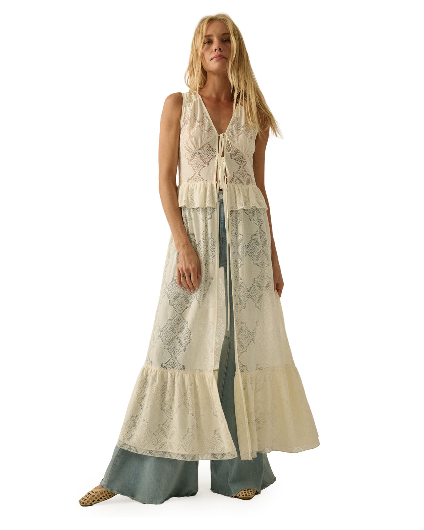 Women's Floral Lace Ruffled Tie-Front Sleeveless Maxi Top - Utb1098N-Cream