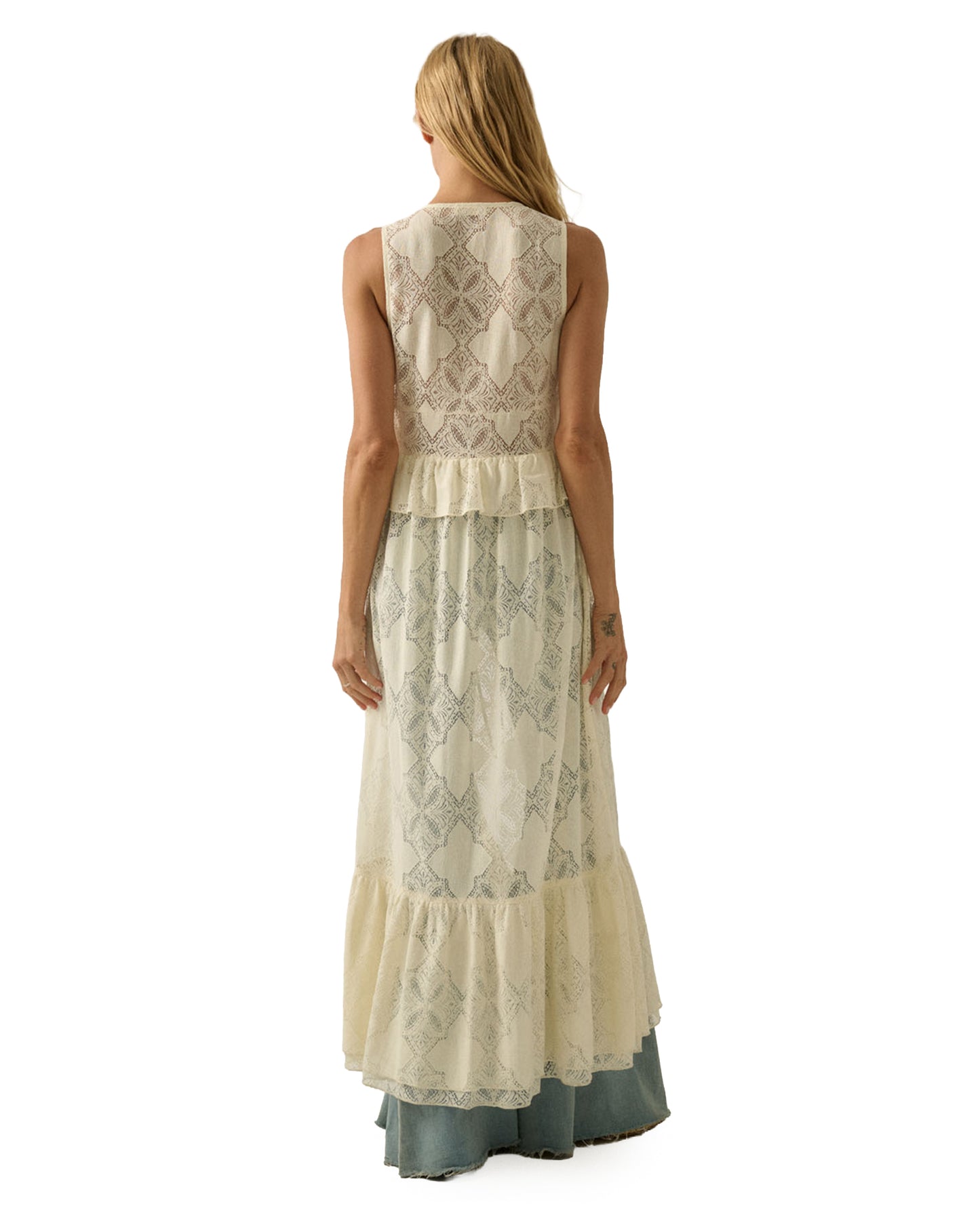 Women's Floral Lace Ruffled Tie-Front Sleeveless Maxi Top - Utb1098N-Cream