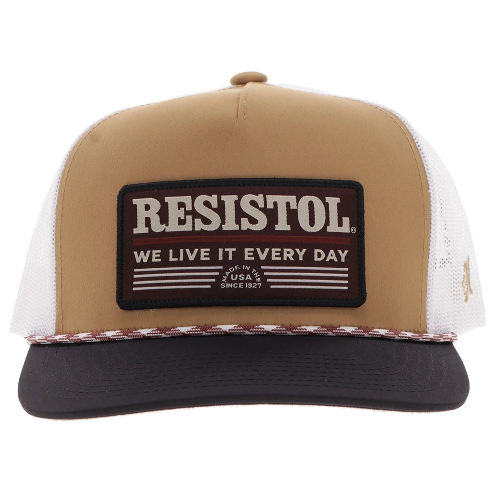 Resistol Tan / White 5-Panel Trucker With Black / Red Rectangle Patch - 2552T-Tnwh