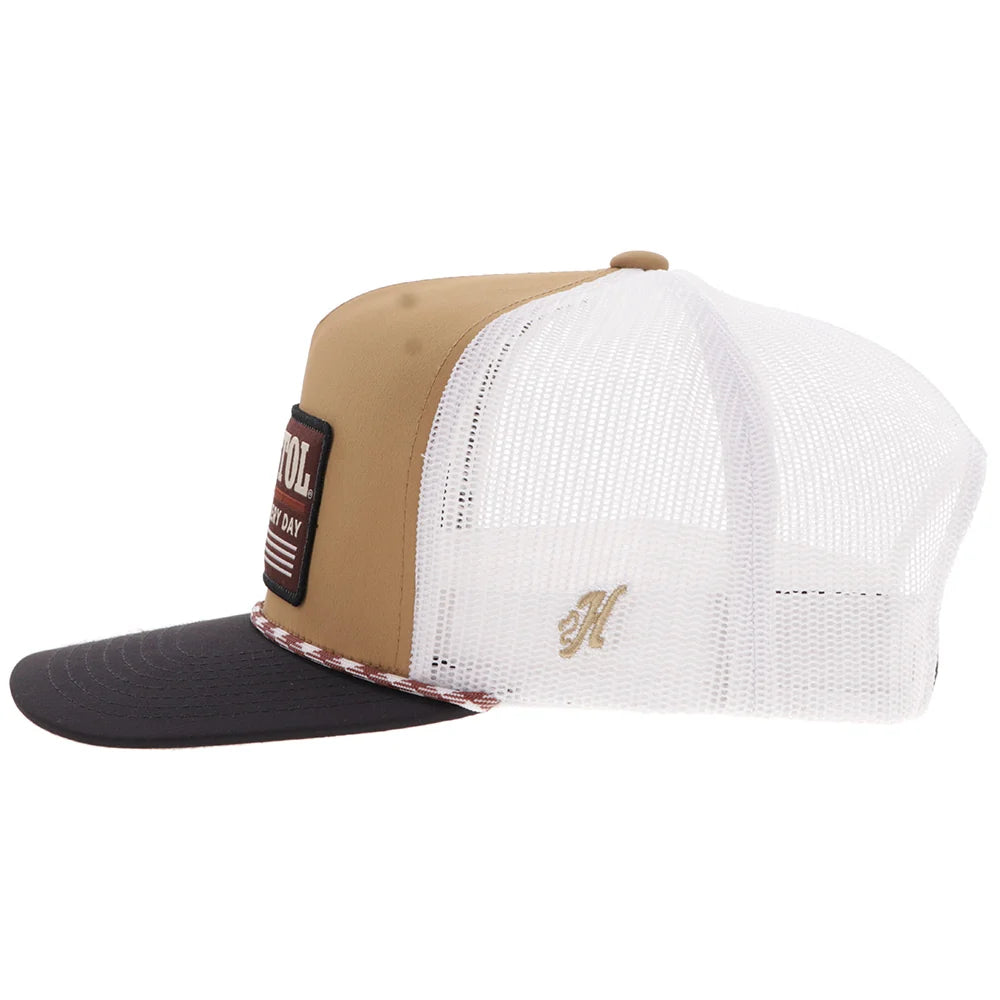 Resistol Tan / White 5-Panel Trucker With Black / Red Rectangle Patch - 2552T-Tnwh