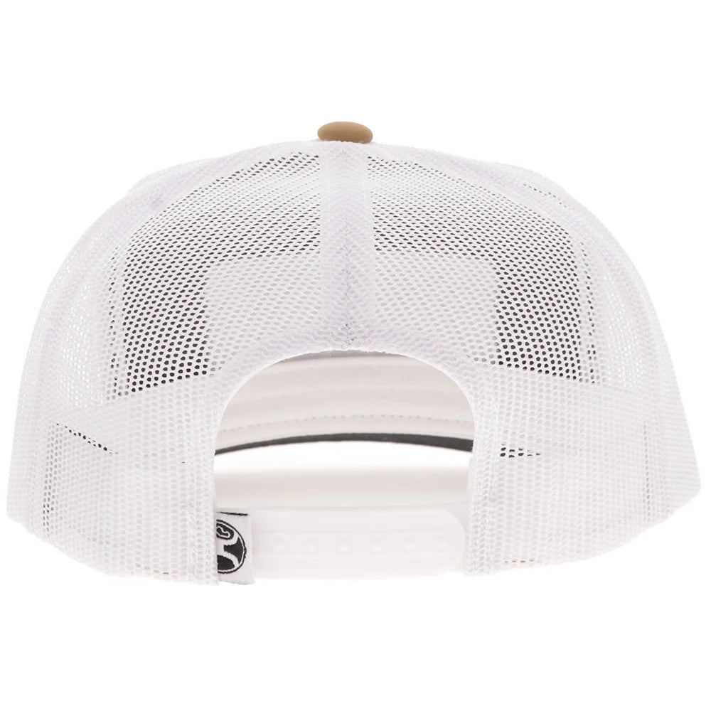 Resistol Tan / White 5-Panel Trucker With Black / Red Rectangle Patch - 2552T-Tnwh