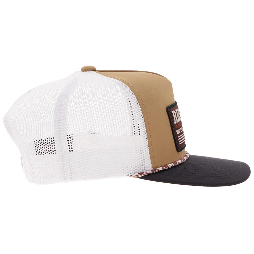 Resistol Tan / White 5-Panel Trucker With Black / Red Rectangle Patch - 2552T-Tnwh