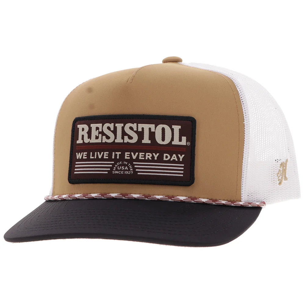 Resistol Tan / White 5-Panel Trucker With Black / Red Rectangle Patch - 2552T-Tnwh