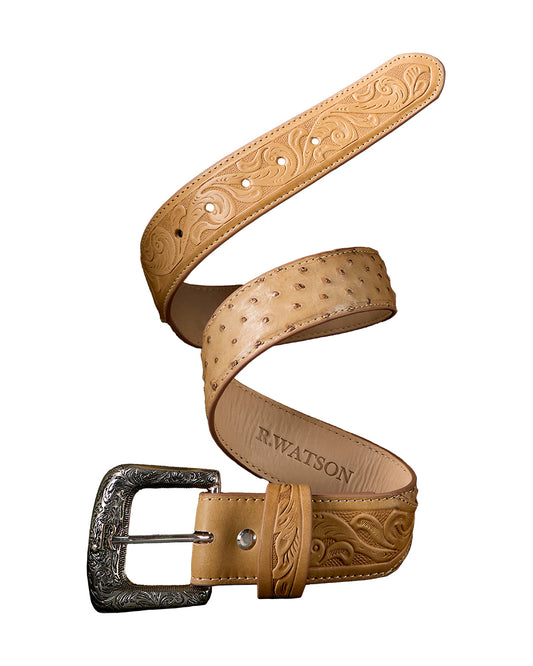 Men's Brucciato Sand Full Quill Ostrich Belt by R Watson from Skip’s Western Outfitters | RWA-RWB2313-32-BRUCCIATO-SAND/BRUCCIATO-SAND