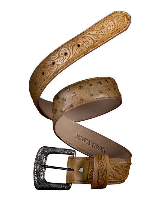 Men's Antique Saddle Full Quill Ostrich Belt by R Watson from Skip’s Western Outfitters | RWA-RWB2310-32-ANTIQUE-SADDLE/ANTIQUE-SADDLE