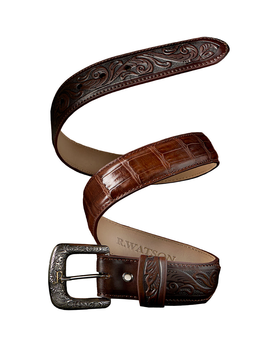 Men's Tobacco Glazed Caiman Belt by R Watson from Skip’s Western Outfitters | RWA-RWB2309-32-TOBACCO/TOBACCO