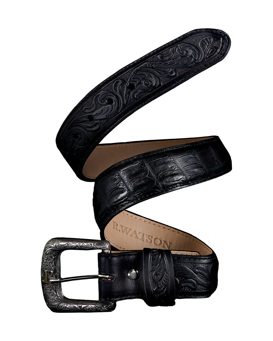 Men's Black Glazed Caiman Belt by R Watson from Skip’s Western Outfitters | RWA-RWB2306-32-BLACK/BLACK