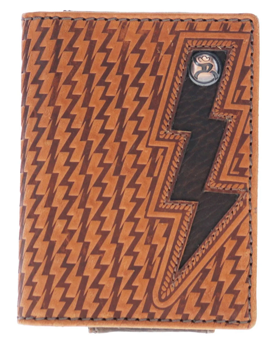 Zemi Tan Bifold Money Clip With Black Lightning Basket Weave With Brown Lightning Bolt And Roughy Logo Rivet - Rmc016-Tnbr