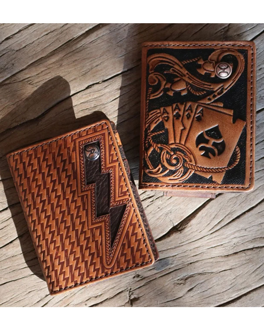 Zemi Tan Bifold Money Clip With Black Lightning Basket Weave With Brown Lightning Bolt And Roughy Logo Rivet - Rmc016-Tnbr