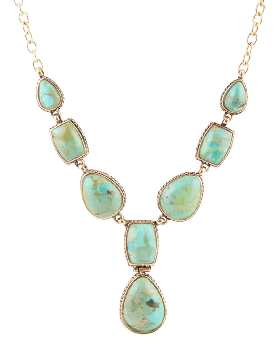 Women's Genuine Blue Turquoise Roped Golden Bronze Y Necklace - Basin32T01B